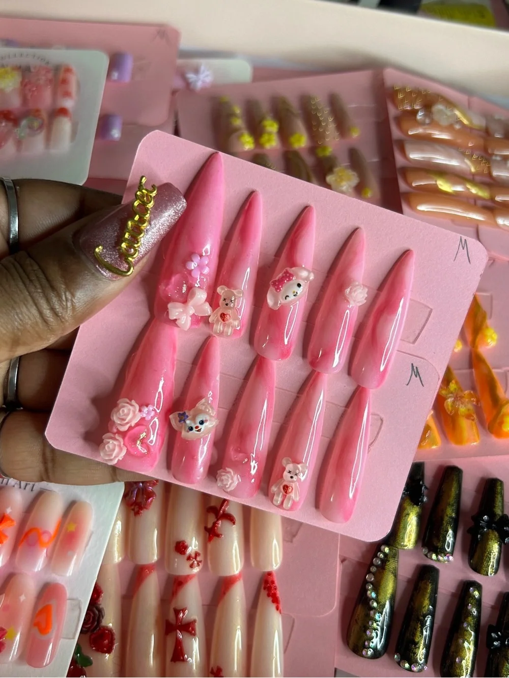 Pink Stiletto Press-On Nails with 3D Charms